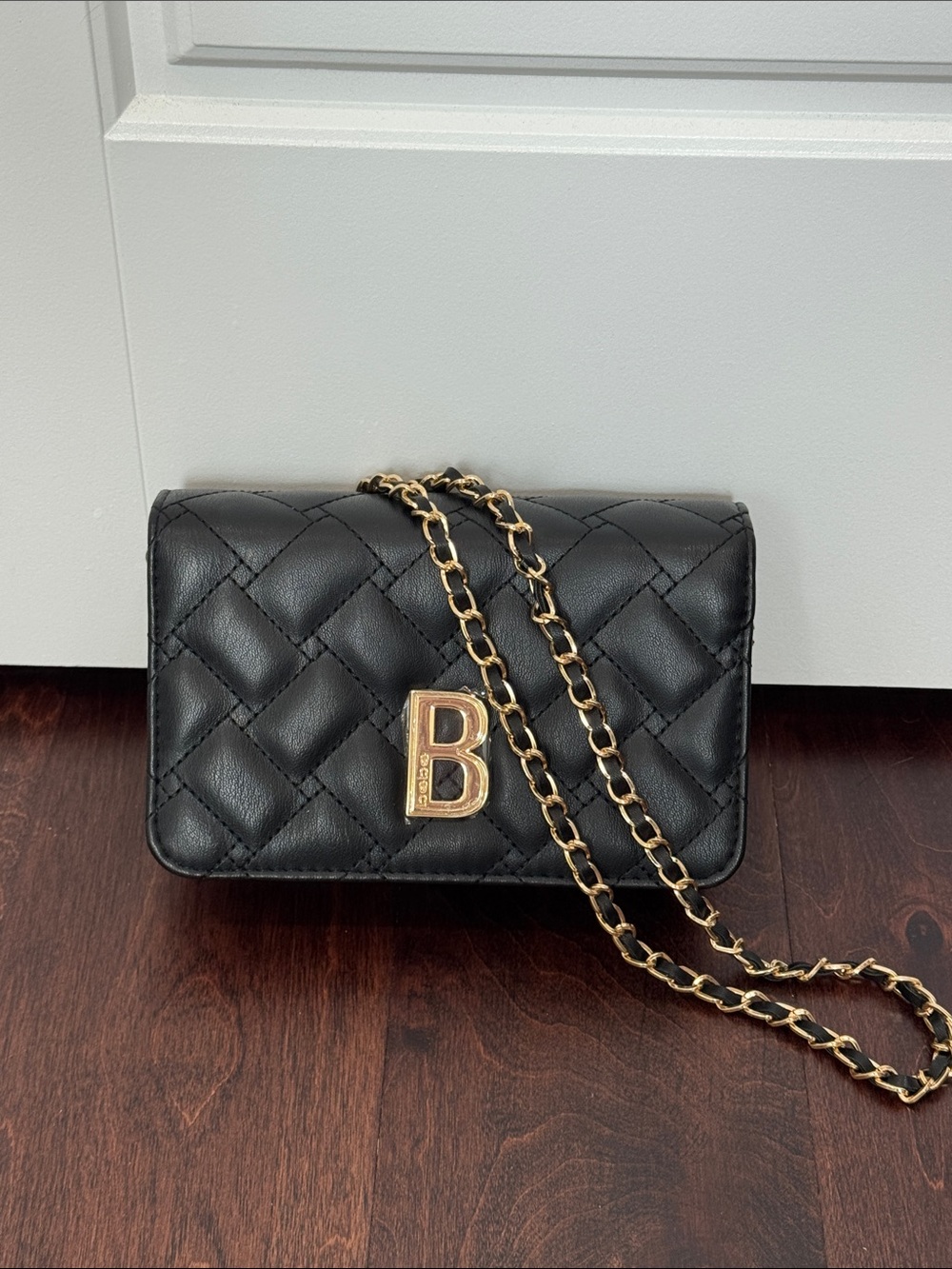 NEW Bebe Black Quilted Purse Gold Chain Strap Built-in Wallet Card Slots Handbag